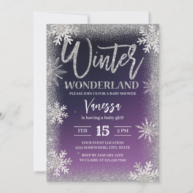 Invitation Snowflakes en argent d'hiver Baby shower violet (Devant)