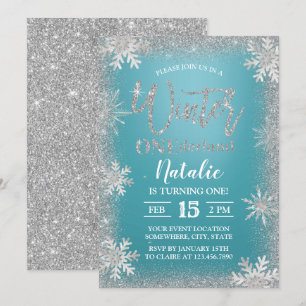 Invitation Snowflakes en argent d'hiver Turquoise 1er anniver