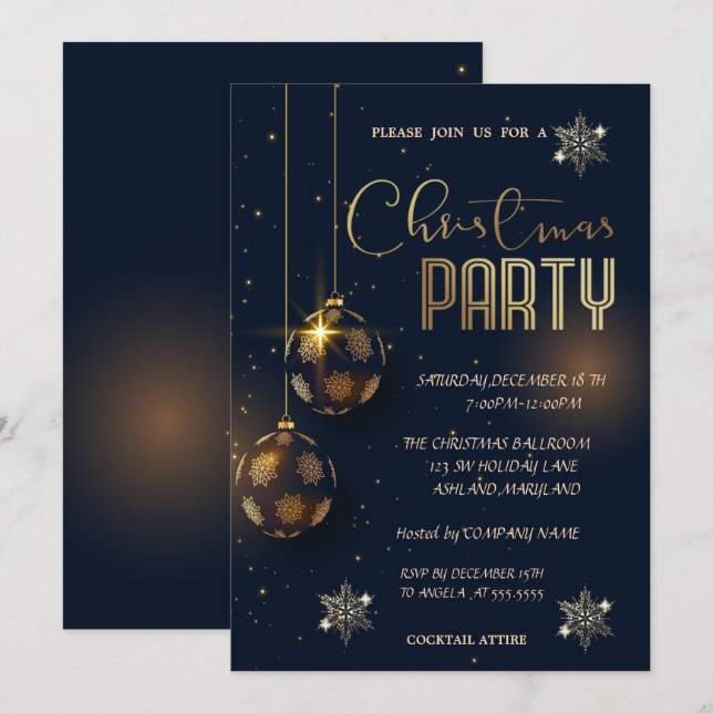 Invitation Snowflakes Gold Balls Christmas Corporated (Devant / Derrière)