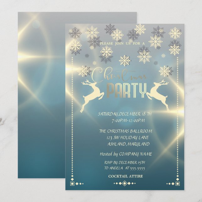 Invitation Snowflakes Gold, Deers Company fête de Noël (Devant / Derrière)