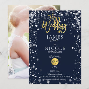 Invitation Snowflakes Gold Foil Mariage photo intégrale