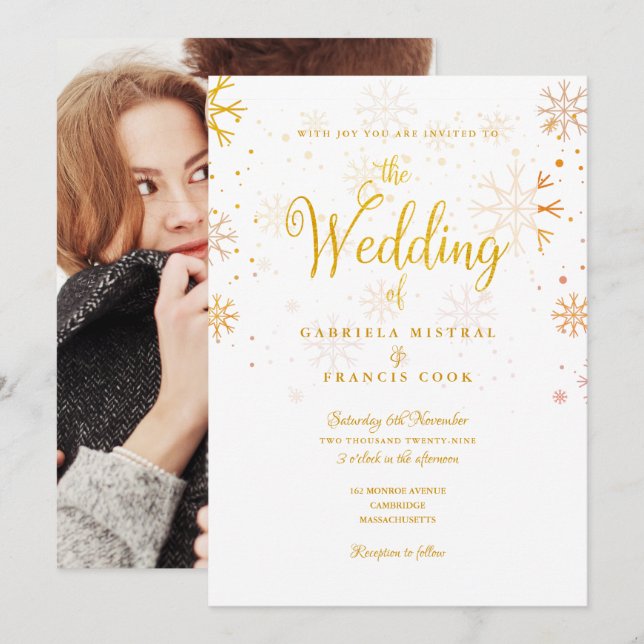 Invitation Snowflakes Gold Photo Mariage hivernal (Devant / Derrière)