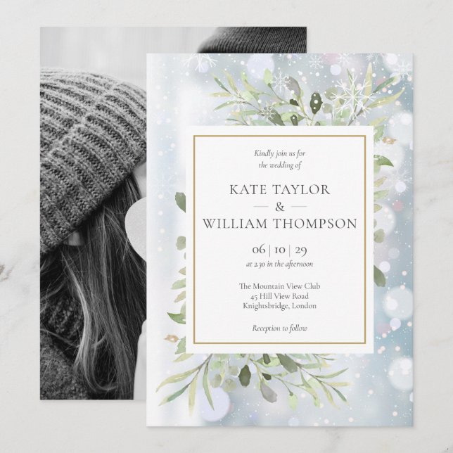 Invitation Snowflakes Green enery Feuilles Photo Mariage hive (Devant / Derrière)