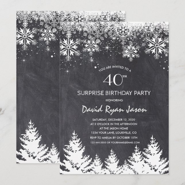 Invitation Snowflakes hiver Chalkboard Surprise Anniversaire (Devant / Derrière)
