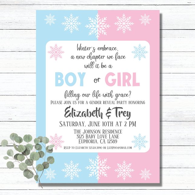 Invitation Snowflakes hiver Révélation de genre (A simple snowflake themed invitation for a winter gender reveal.)