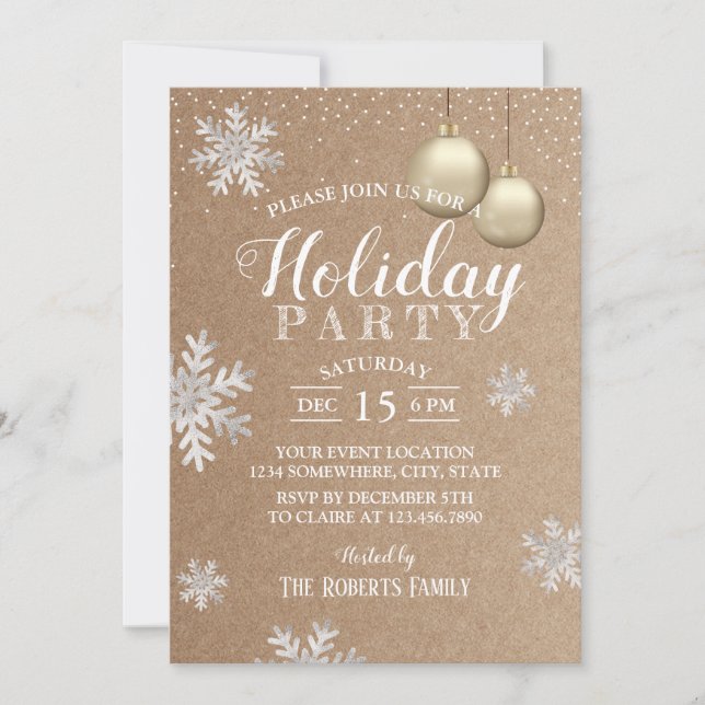 Invitation Snowflakes hiver rustique Fête de Vacances Kraft (Devant)