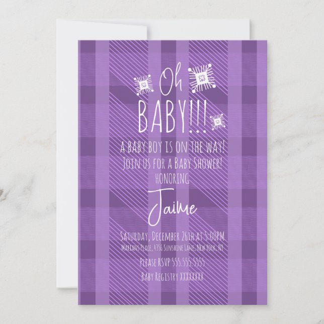 Invitation Snowflakes Plaid de Noël Baby shower Violet (Devant)