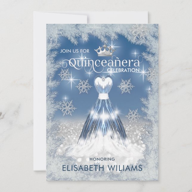 Invitation Snowflakes Robe en argent ombre tiara Quinceañera (Devant)