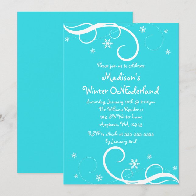 Invitation Snowflakes Turquoise de l'hiver ONE derland (Devant / Derrière)