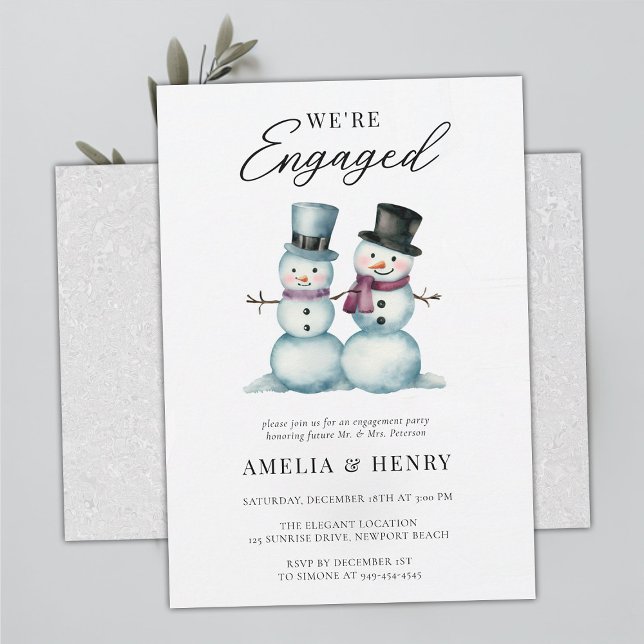 Invitation Snowmen d'hiver Drôle mignon fête d'engagement (funny casual engagement party snowman winter cute humor watercolor snow in love were engaged)