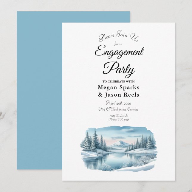 Invitation SnowMountain Winter Lake Engagement Party (Devant / Derrière)