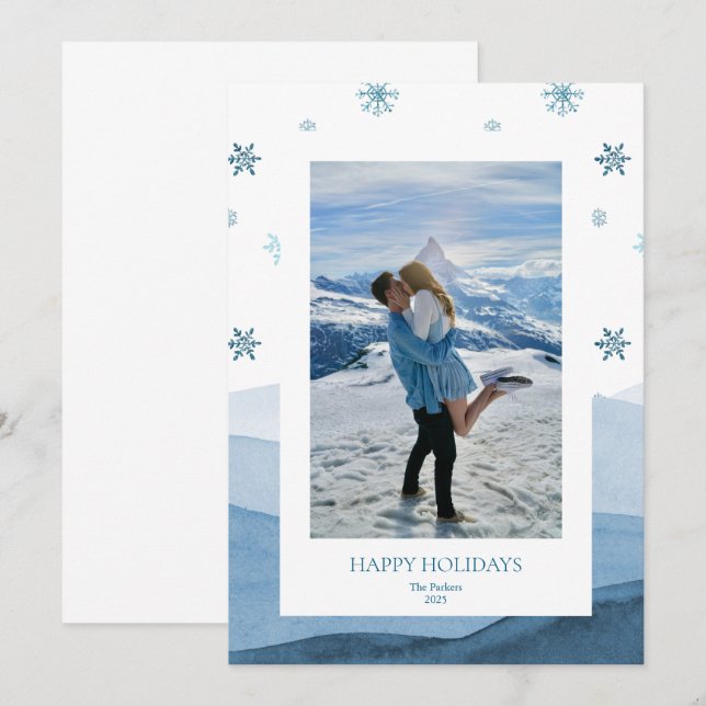 Invitation Snowy Blue Holiday Photo Card (Devant / Derrière)
