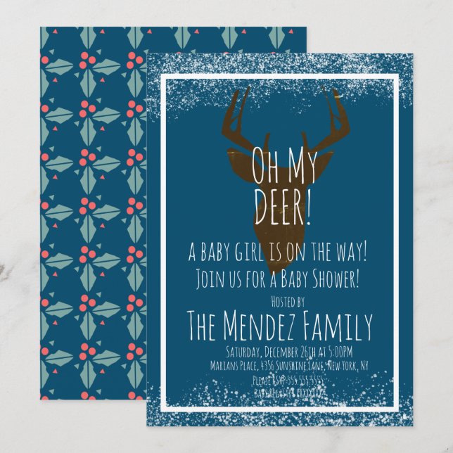 Invitation Snowy Christmas Deer Genre Baby shower naturel (Devant / Derrière)