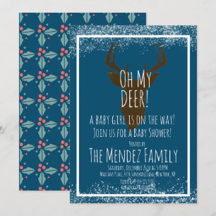 Invitation Snowy Christmas Deer Genre Baby shower naturel