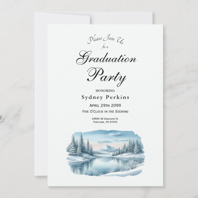 Invitation Snowy Mountain Winter Lake Graduation Party (Devant)