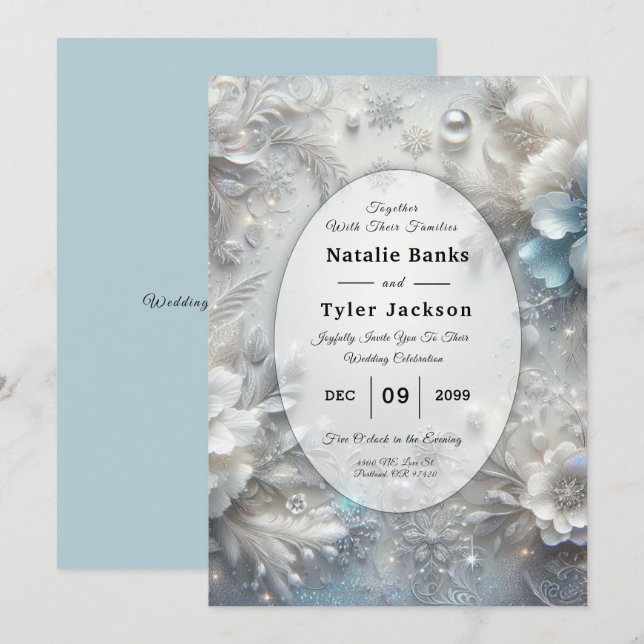 Invitation Snowy Petals in Frozen Bloom Wedding (Devant / Derrière)
