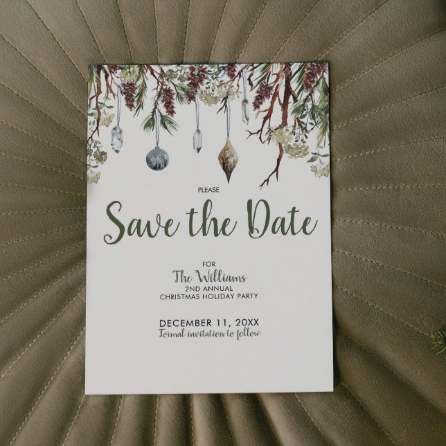 Invitation SNOWY PINES Noël Fête de Noël Enregistrer la date (Mark Your Calendars! Annual Christmas Party Save-the-Date 🎄🎉 [Add Your Info])