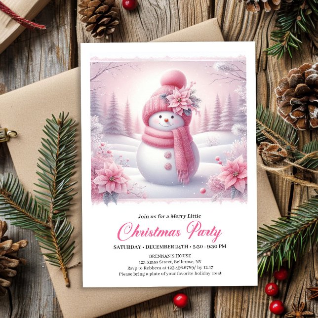 Invitation Snowy Pink Coquette Snowman Editable Kids Christma (Snowy Pink Coquette Snowman Editable Kids Christmas Invite)
