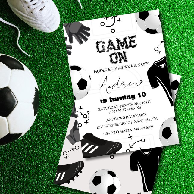 Invitation Soccer Boy Birthday Party (Soccer birthday invitation with bold “Game On” text and sporty design.)