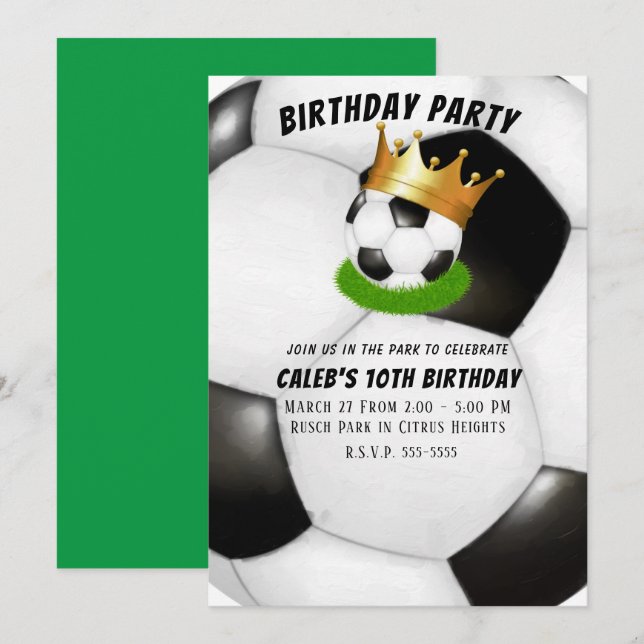 Invitation Soccer Star Royal Gold Crown Co-ed Birthday Party (Devant / Derrière)