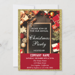 Invitation Société festive Fête de Noël Rouge et Or Paillette