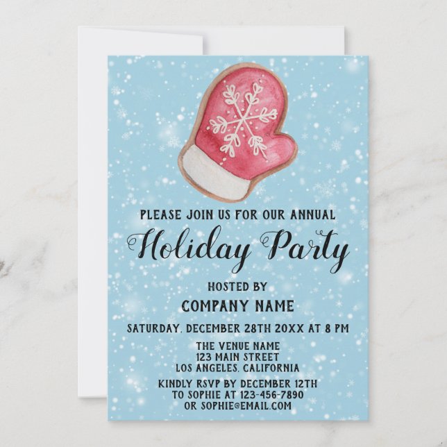 Invitation Société Fête Rouge & Blanc Mitten Blue Snow (Devant)