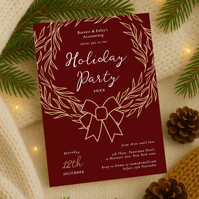 Invitation Société Fête Rouge & Gold Wreath Business (Modern minimal greenery wreath Business Holiday Party Invitation in red and gold)