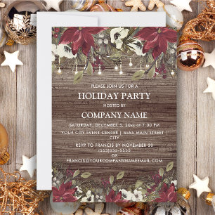 Invitation Société Fête Rustique Bois Rouge Poinsettia