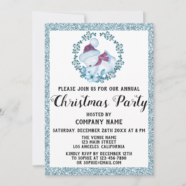 Invitation Société Noël Fête couronne Parties scintillant ble (Devant)