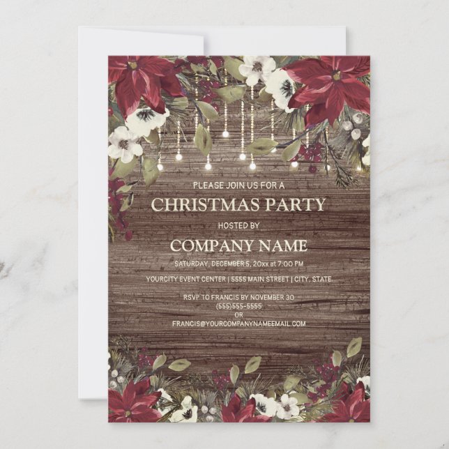 Invitation Société Noël Parti Rustique Bois Rouge Poinsettia (Devant)