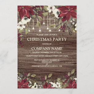 Invitation Société Noël Parti Rustique Bois Rouge Poinsettia