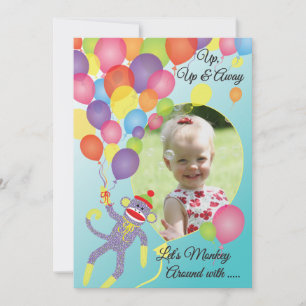 Invitation Sock Monkey and Balloons Photo Insert Party Invita
