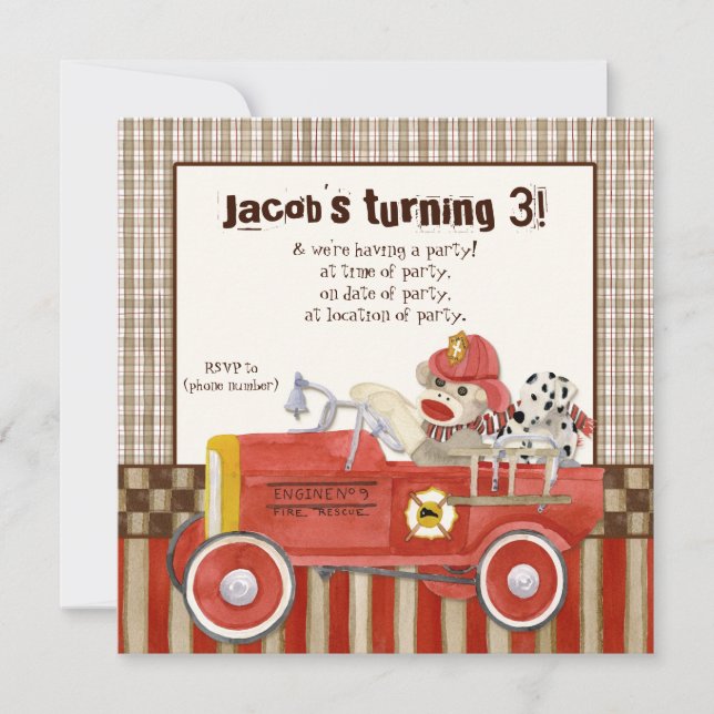 Invitation Sock Monkey, Fire Truck Boy Birthday Party Invitat (Devant)
