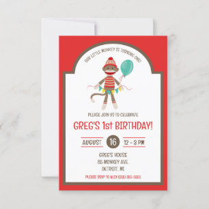 Invitation Sock Monkey with Balloon and Banner Birthday Party