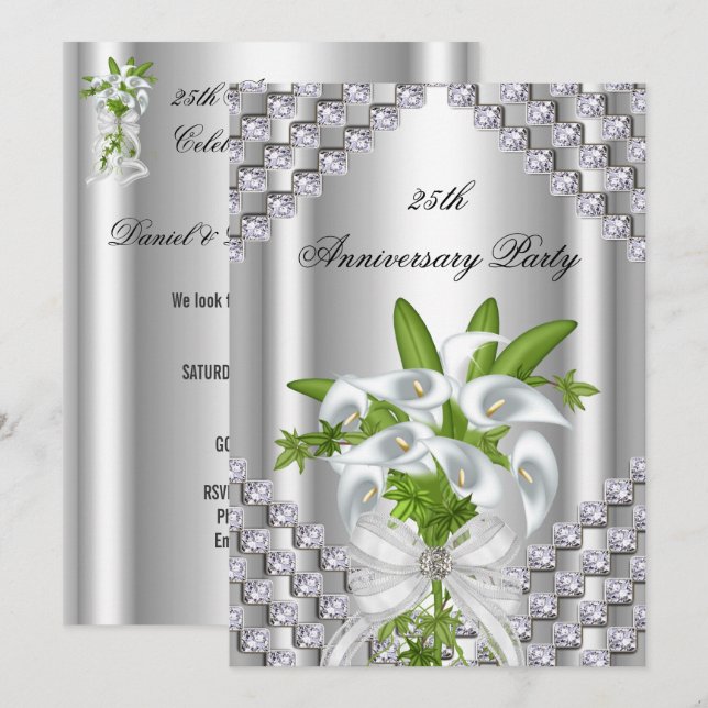 Invitation Soeur Silver Blanc Floral 25ème anniversaire fête (Devant / Derrière)