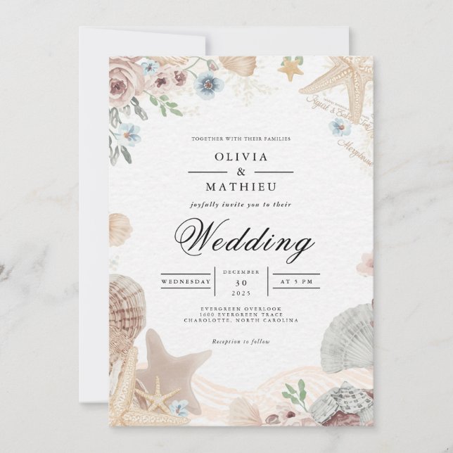 Invitation Soft Beach Shells Floral Mariage (Devant)