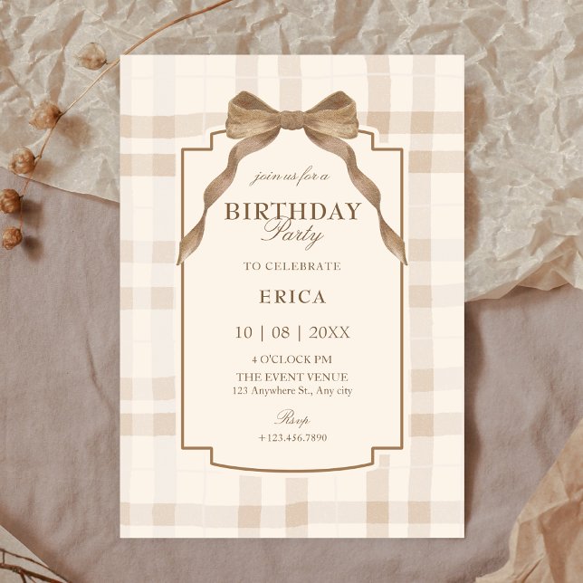 Invitation Soft beige brown bow tartan plaid birthday (Créateur téléchargé)
