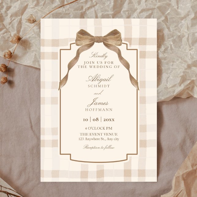 Invitation Soft beige brown bow tartan plaid wedding (Créateur téléchargé)