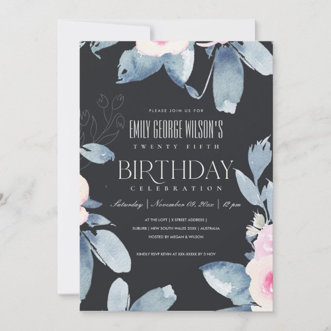 Invitation SOFT BLACK BLEU BLEU FLORAL 25e TOUT ÂGE ANNIVERSA (Devant)