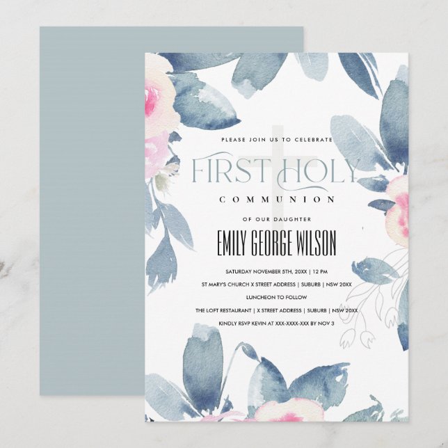 INVITATION SOFT BLEU BLEU FLORAL BUNCH PREMIER SAINT COMMUNIO (Devant / Derrière)