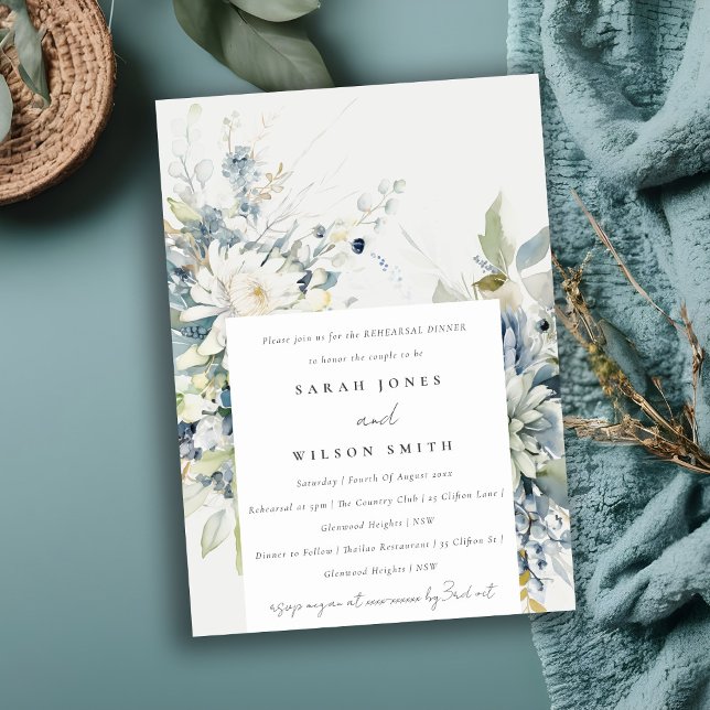 Invitation Soft Blue Green Succulent Floral Dîner de répétiti (Créateur téléchargé)