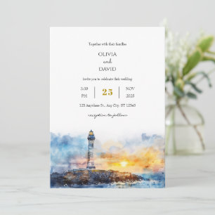 Invitation Soft Blue Nautical Sunset Lighthouse Plage Mariage