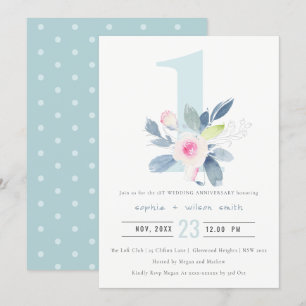 Invitation SOFT BLUSH BLEU FLORAL 1er TOUTE ANNIVERSAIRE ANNÉ