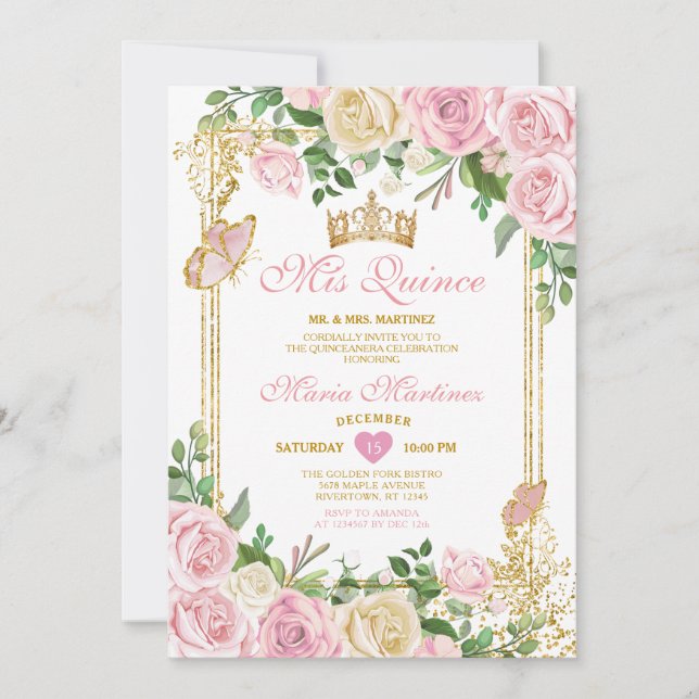 Invitation Soft Blush rose Couronne fille Quinceañera 15 Part (Devant)