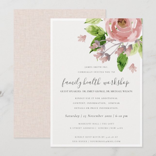 INVITATION SOFT BLUSH ROSE EAU COULEUR FLORAL ATELIER ÉVÉNEME (Devant / Derrière)