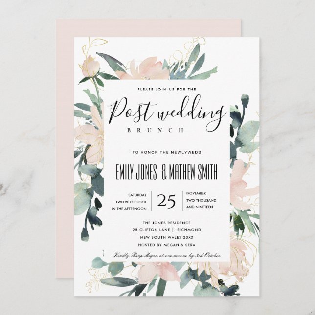 INVITATION SOFT BLUSH ROSE FLORAL GOLD POST MARIAGE BRUNCH (Devant / Derrière)