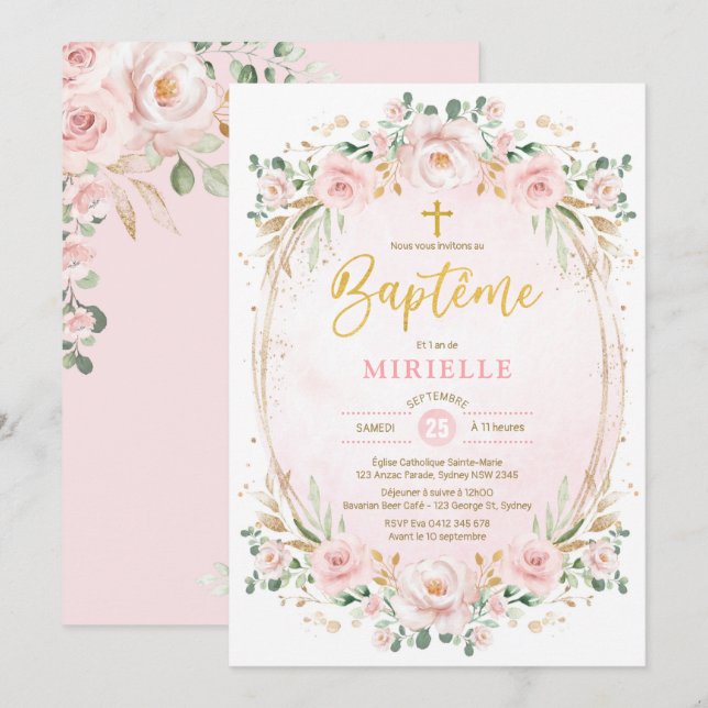 Invitation Soft Blush Rose Or Floral Girl Baptême Français (Devant / Derrière)