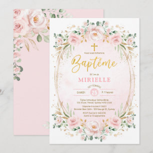 Invitation Soft Blush Rose Or Floral Girl Baptême Français