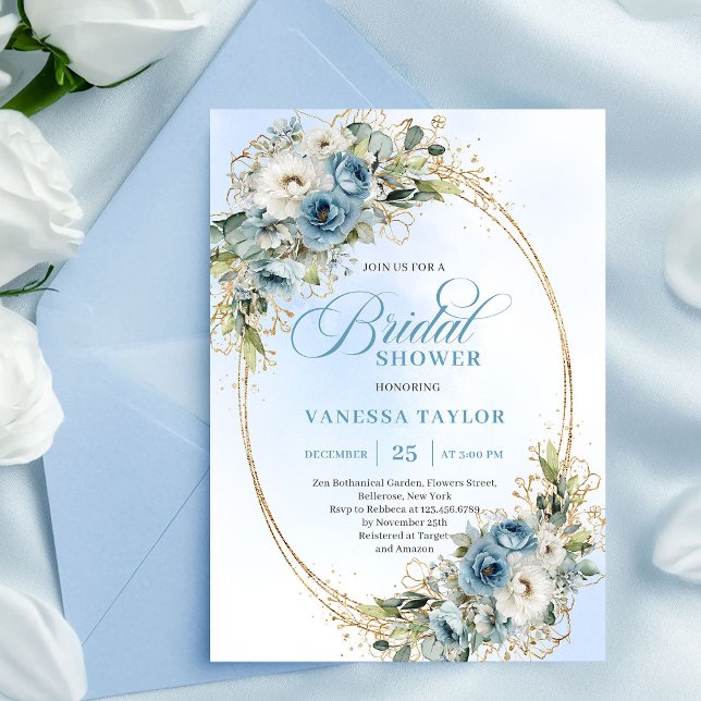 Invitation Soft Dusty Blue Floral Script Bridal Shower Invite (Soft Dusty Blue Floral Script Bridal Shower Invitation)