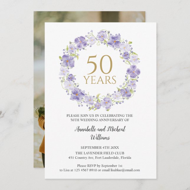 Invitation Soft Lavender Floral Wreath 50e Mariage photo (Devant / Derrière)